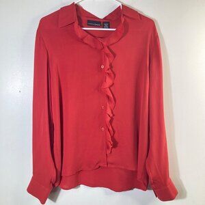Womens Relativity Silk Ruffle Button Blouse Long Sleeve‎ Red L Silk